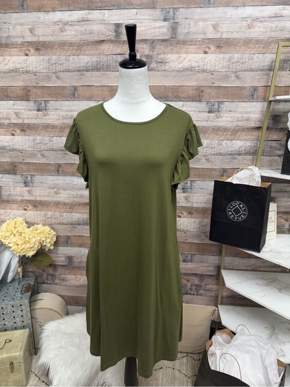 Lyrur Olive Green Ruffle Sleeve Dress